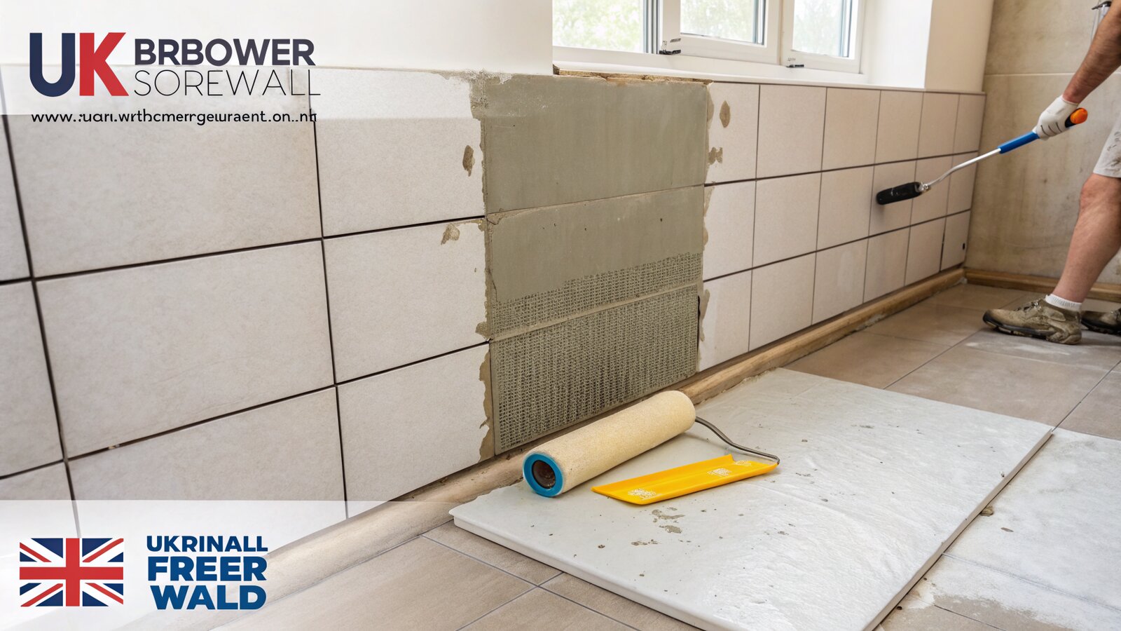 Shower wall with tile backer board and tanking membrane being applied before tiling