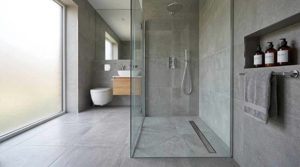 Fully tiled grey porcelain wet room with walk-in shower and linear drain