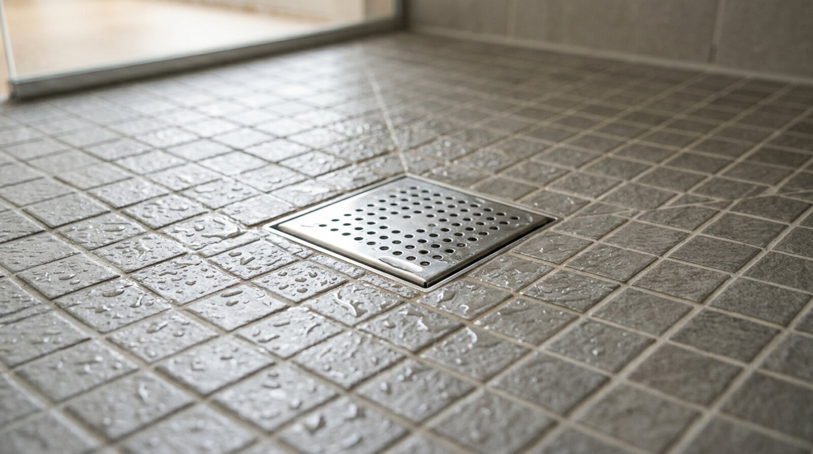 Small mosaic tiles following the fall to a central wet room drain