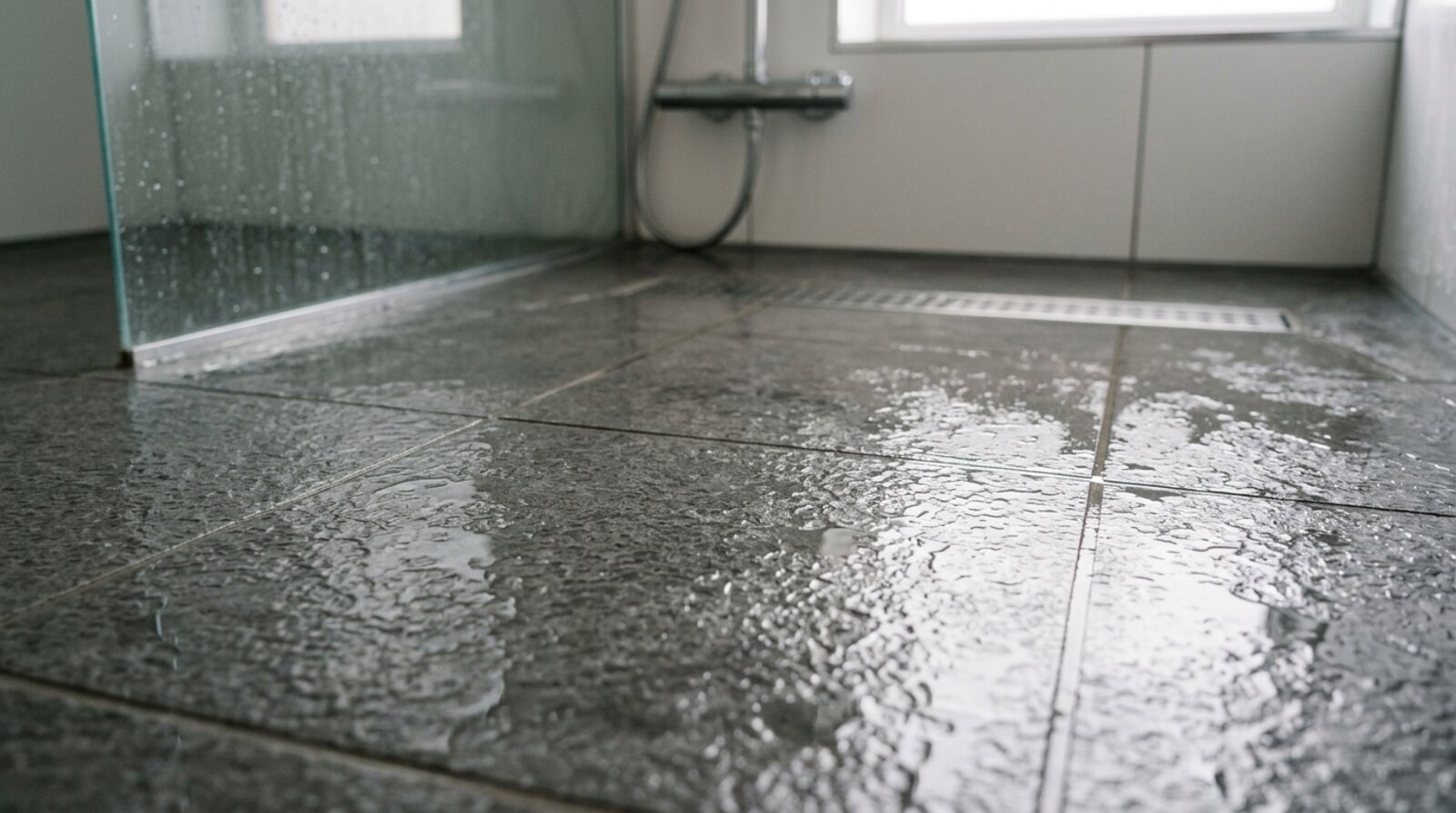 Textured anti-slip porcelain tiles on a wet shower floor