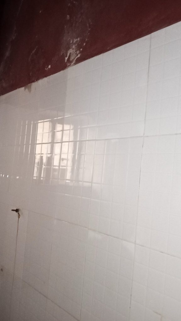 White ceramic wall tiles with cement grout lines in a bathroom