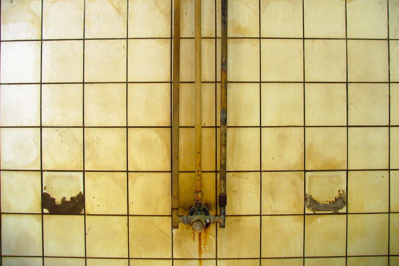Stained and discoloured tiled shower wall with water marks running down from a shower valve