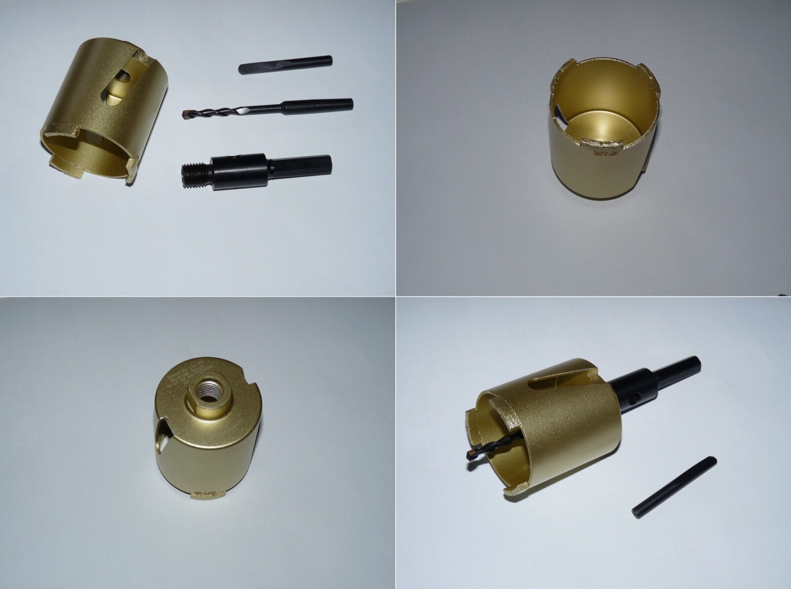 A diamond core hole saw shown with its arbor and spring-loaded pilot drill